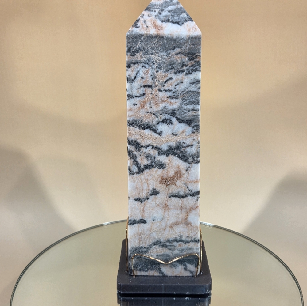 Natural Large (2.2 LB) Pink Zebra Jasper Obelisk On H.Made Resin/Bronze Display